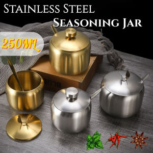 250ML Stainless Steel Seasoning Jar with Spoon and Lid Rustless Spice Condiment Storage Container
