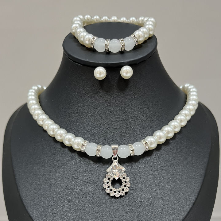 3in1 Set Elegant Pearl Necklace Earrings Bracelet Jewelry Set