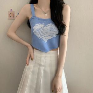 [W0269] เสื้อกล้ามครอปไหมพรมลายหัวใจ คอวี   แต่งปลายสามเหลี่ยม ได้ลุคหวานน่ารัก สไตล์เกาหลี