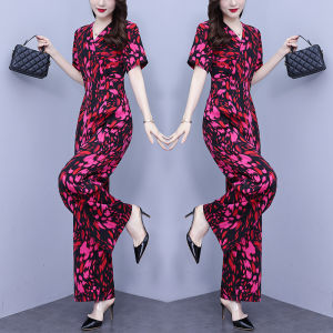 Impression Fashion Store Women Summer V-neck Elegant Chiffon Short Sleeve Floral High Waist Long Wide Leg Jumpsuit