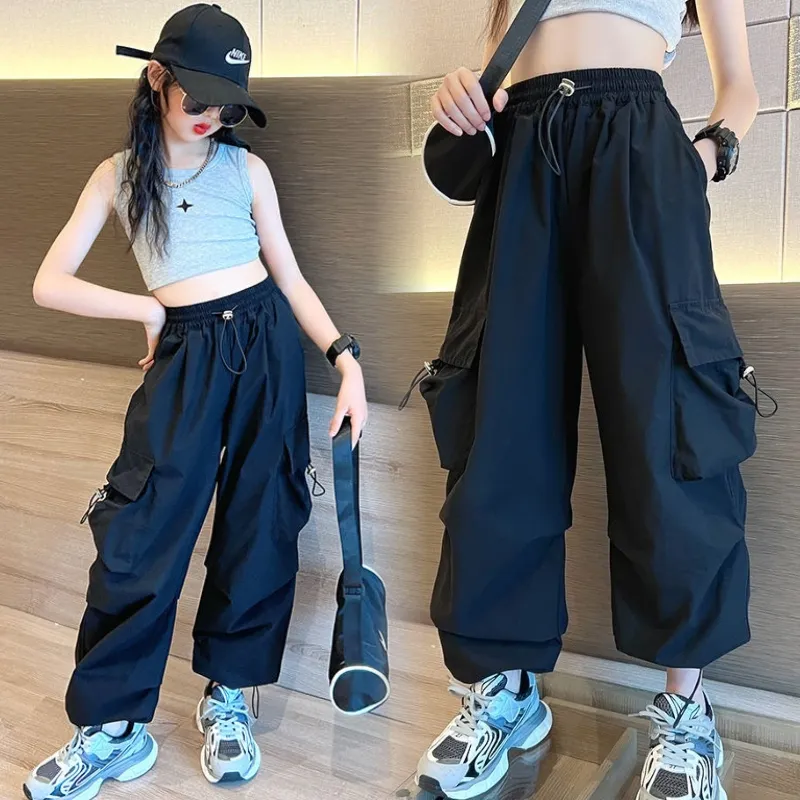 Summer Pants Wide Leg for Kids Girls 7-16 Years Old Casual Ice Silk Cargo  Pants Trousers Elasticated Waist Loose Pants 4 Pocket Cargo Baggy Pants New  Pants Aesthetic Korean Style130-160CM