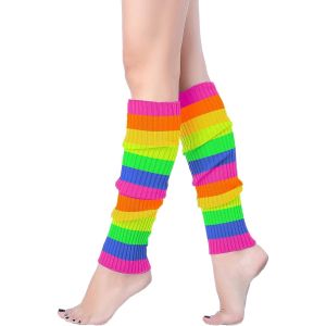1 Pair Retro Style Fluorescent Rainbow Knitted Socks Ladies Foot Warmers Cover Yoga Multicolor Striped Dance Socks