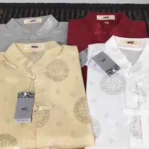 Loose Fit Short Sleeve Mens Tang Suit Thin Summer Top Dad Style Hanfu Casual Wear Silk Material round Pattern No Ironing Needed