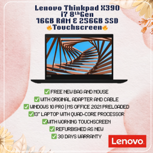 Lenovo Thinkpad X390 Touchscreen Laptop | i7 8th Gen | 16GB RAM 256GB SSD | Refurbished as New
