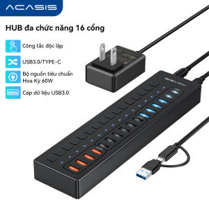 Bộ chia trung tâm cổng ACASIS 16 (6 USB 3.0 + 6 USB 2.0 + 4 Sạc thông minh) với công tắc bật / tắt LED riêng lẻ Với Bộ đổi nguồn 60W DS-516