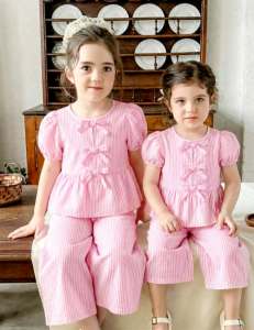 AA Elegant Pink Striped Bowknot Blouse with Flare Sleeves and High-Waist Pants for Women