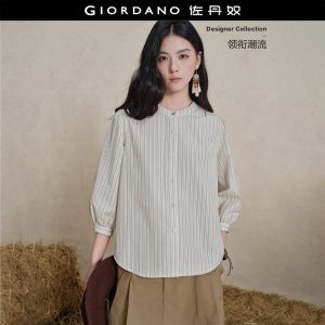 GIORDANO Women Shirts Textured Striped Loose Shirts Round Neck 3/4 Sleeve Fashionable Casual Simple Shirts 18346620