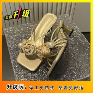 [Free Shipping] 2026 Summer New Pearl Flower Sandals Fashionable Versatile Square Toe High Heel Roman Sandals For Women