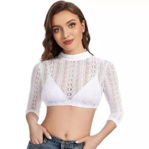 Classical Bavarian White Lace Dirndl Blouse for Women 3/4 Sleeve Mock Neck Top for Oktoberfest and Casual Gatherings
