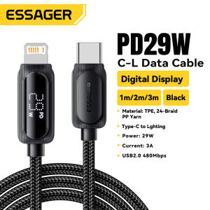 Essager PD29W C-L Cables LED Digital Display Type C to Lightning Cable Fast Charge For iPhone14/13/12/11/8 Pro Max XS PD Fast Charging Type-C To Lightning 29W Cord For IOS Phone Tablet iPad AirPods iPod LED Digital Display Wire