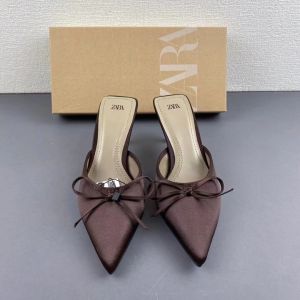 G7ZA2024 New Womens Shoes with Bow Decoration Pointed Toe Shallow Mouth High Heels Open Back Thin Heels Fashion Sandals for Women 7/7