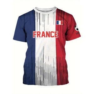 [Local Stock] HBESTY  France Retro Flag Print T-shirt Street Casual Harajuku Mens Clothing Oversized T Shirts Football Cock Harajuku Pattern Tee Top