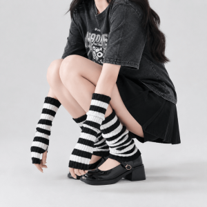 DIVATEN Stripe Knitting Gloves Socks Set Y2k Breathable Arm Sleeve Leg Warmers Harajuku Fingerless Gloves Flare Thigh High Socks for Women Girls