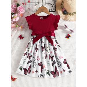 [Manila Stock Fast Ship] Girls Dress 3-7 Years Old | Short Sleeve Butterfly Print Dress with Detachable Bow Belt | Burgundy Purple Pink Toddler Kids Party & School Wear