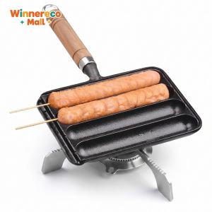 Four Slot Cast Iron Sausage Pan with Hooks for Easy Home Sausage Grilling and Preparation