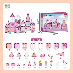 CreativeCrazi Princess Theme STEM Magnetic Building Blocks Educational Toys 37 / 58 pcs Set Pink Castle Design with Unicorn and Princess Figures