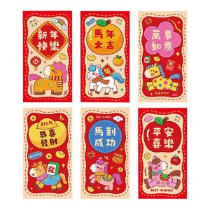 DAWEIF 6PCS Blessing Words Red Envelope God of Wealth Cartoon Horse Red Pocket Creative Accessories Hongbao Gift