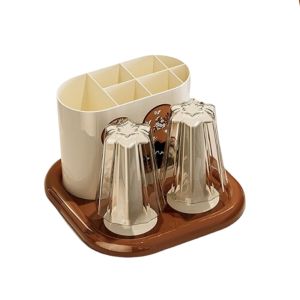 LITUILI Classical Toothbrush And Toothpaste Holder No-Slip Base Retro Mouthwash Cup Holder Storage Holder All-in-One Toothbrush Rack Bathroom Vanity