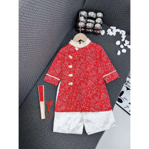 Áo dài tết cho bé gái áo dài cách tân bé trai áo dài trẻ em họa tiết đỏ chất liệu đũi mix Linen - Happy Life 4Kid