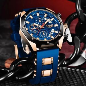 LIGE New Fashion Men Watch Silicone Sport Wrist Watch With Date Chronograph Waterproof Quartz Clock Watches For Men + Box
