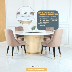 set meja makan bulat dua marmer putih carrara kursi 4pc kaki kayu