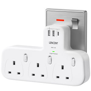 LENCENT Surge Protected 3 Way Plug Extension with PD 20W USB-C & 2 USB-A QC 3.0 Multi Plug Adaptor UK with Individual Switches Plug Extender Wall Socket for Surge Protection 13A 3250W Surge Protector