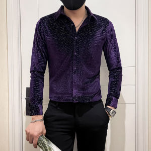 Luxury Velvet Mens Long-sleeved Shirt for Fall/Winter 2026 Suitable for Young Nightclubs and Party Dress Shirts.
