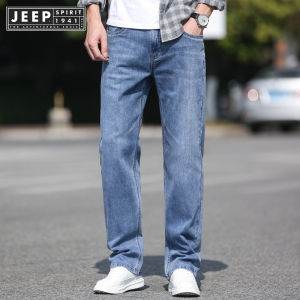 Jeep Spirit 1941 Estd Spring Autumn Mens Straight leg Jeans Belt Casual Cotton Wide Legs Loose Casual Pants Blue Jeans