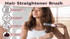 Cordless Curling Iron Brush for All Hairs Hot Hair Comb for Travel USB Recharged Ceramic Curling Wand Electric Heated Round Brush with 10 TempDual Straightener Tools for Short Long Hairs