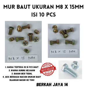 BAUT M8X15 MM ISI 10 PCS WARNA KUNING HEXAGON HEX BMK MUR BAHAN BESI TEBAL HARGA MURAH BERKUALITAS PROMO DISKON TERLARIS