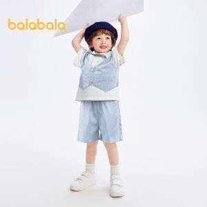 Balabala tay ngắn cho bé phù hợp với bé trai mùa hè trẻ em 2024 trẻ em mới ăn mặc phong cách Bộ vest kẻ sọc