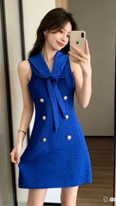 D#2601 Necktie Metallic Button Embossed Pattern Knitted Dress