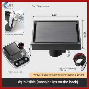 Xinkunlong K8210  Square 10*10cm Invisible Metal Grey Floor Drain 304 Stainless Steel Floor Drain Invisible Deodorant and Insect-proof Floor Drain