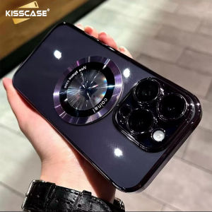 [Kèm ống kính] Kisscase Ốp MagSafe trong suốt mạ điện cho iPhone 15 Pro Max Logo lỗ hiển thị MagSafe vỏ điện thoại cứng PC không chuyển sang màu vàng bảo vệ trong suốt Ốp điện thoại cho Iphone 15Promax 15 cộng với 14 13 12