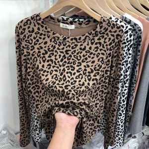 IELGY Womens Leopard Print Slim Fit Korean Style Long Sleeve T-Shirt
