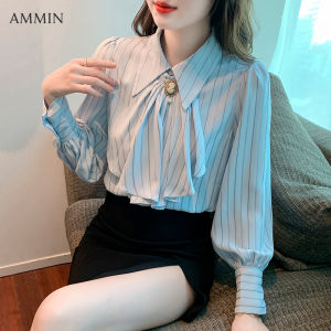 AMMIN Korean style new womens fashion bow tie striped shirt loose all-match blue striped top trendy long-sleeved Blouse