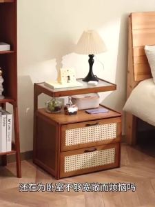 UrbanSpace SG- All-solid wood vintage bedside table simple modern storage rack small home bedroom new Chinese style bedside cabinet with glass