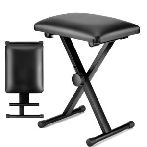 MECOME ดำ เก้าอี้เปียโนพับได้ เหล็ก ปรับได้ เก้าอี้คีย์บอร์ด แบบพกพา เก้าอี้ขา X เปียโน