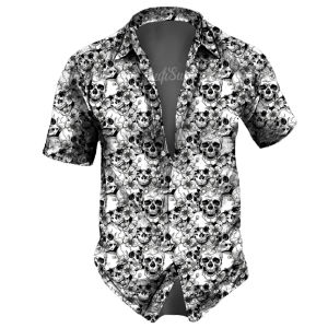 ZEEMIN  Skull Lapel MenS Shirts Horror 3d Print Casual Hawaiian Shirts Man Retro Shirt For Man Street Button Short Sleeves Male Clothes