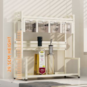 Kitchen Organizer 2-Layer Metal Spice Rack With Seasoning Box Spoon White Condiment Organizer Spice Storage Rack