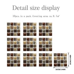 10pcs 10*10CM Marble Mosaic Tiles Wall Sticker Transfers Flat 2D Printed Covers For Kitchen Bathroom Peel & Stick Waterproof Art Mural
