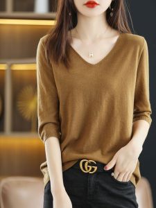 Jualan PanasStella Fashion Womens Mid-Sleeved Pullover With Core-Wrapped Yarn V-Neck Knitted Loose Outer Bottoming Shirt Top