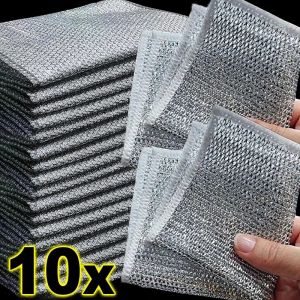10Pcs 20cm Steel Wire Cleaning Cloth Double-layer Non-stick Oil Iron Dishrag Kitchen Pan Pot Dishes Cloths Rag Napery Dishcloth Rags