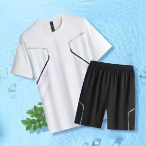 [ Summer New ][ Summer New ] Ice Silk Quick-Dry Sports Suit Set for Men Summer Running Short Sleeve Shirt Basketball Jersey Summer Shorts Feather Fitness Clothing [ Ultra-Thin Sweat-Permeable ][ Ultra-Thin Sweat-Permeable ]