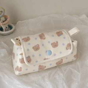 FVWF489263 Bear Printed Pencil Pouch Multi-Layer Button-closure Pen Bag Cute Lightweight Pencil Case Students Supplies