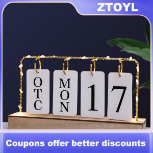 【ZTOYL】 Flip Calendar With Light For Desk Wooden Perpetual Desk Calendar With Month Date Display Desktop Calendar For Home Office Decor Send Goods From Local Warehouse