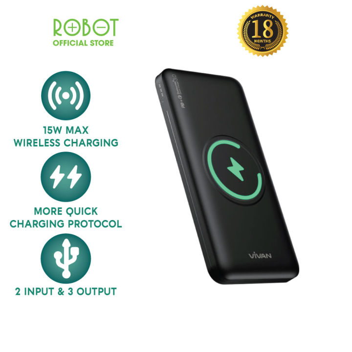 ROBOT Power Bank 10000mAh Wireless Charging Quick Charge PD 3.0 VPB-W11 Black【18 Month Warranty】