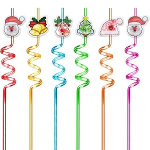 MAOMEI 6pcs Spiral Christmas Spiral Straw Santa Claus Snowman Food Grade Christmas Cartoon Straw Creative Colorful Christmas Party Supplies Home