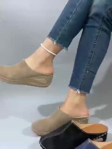 Plus Size WomenS Summer New Wedge Heel Slippers With Woven Design Thick Sole Slip-On Closed-Toe Half Slippers