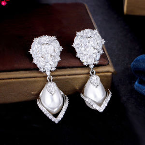 ต่างหูชุบทองสีขาวแบบห้อยติด MODE Korea ไข่มุกทรงยาวสำหรับเจ้าสาวประดับเพชรสังเคราะห์ AAAA ระยิบระยับ SE770เครื่องประดับเสื้อผ้าสำหรับเจ้าสาว